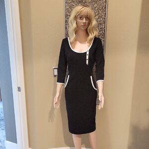 Nice-Forever Black Scoop Neck Sheath Dress with White Trim